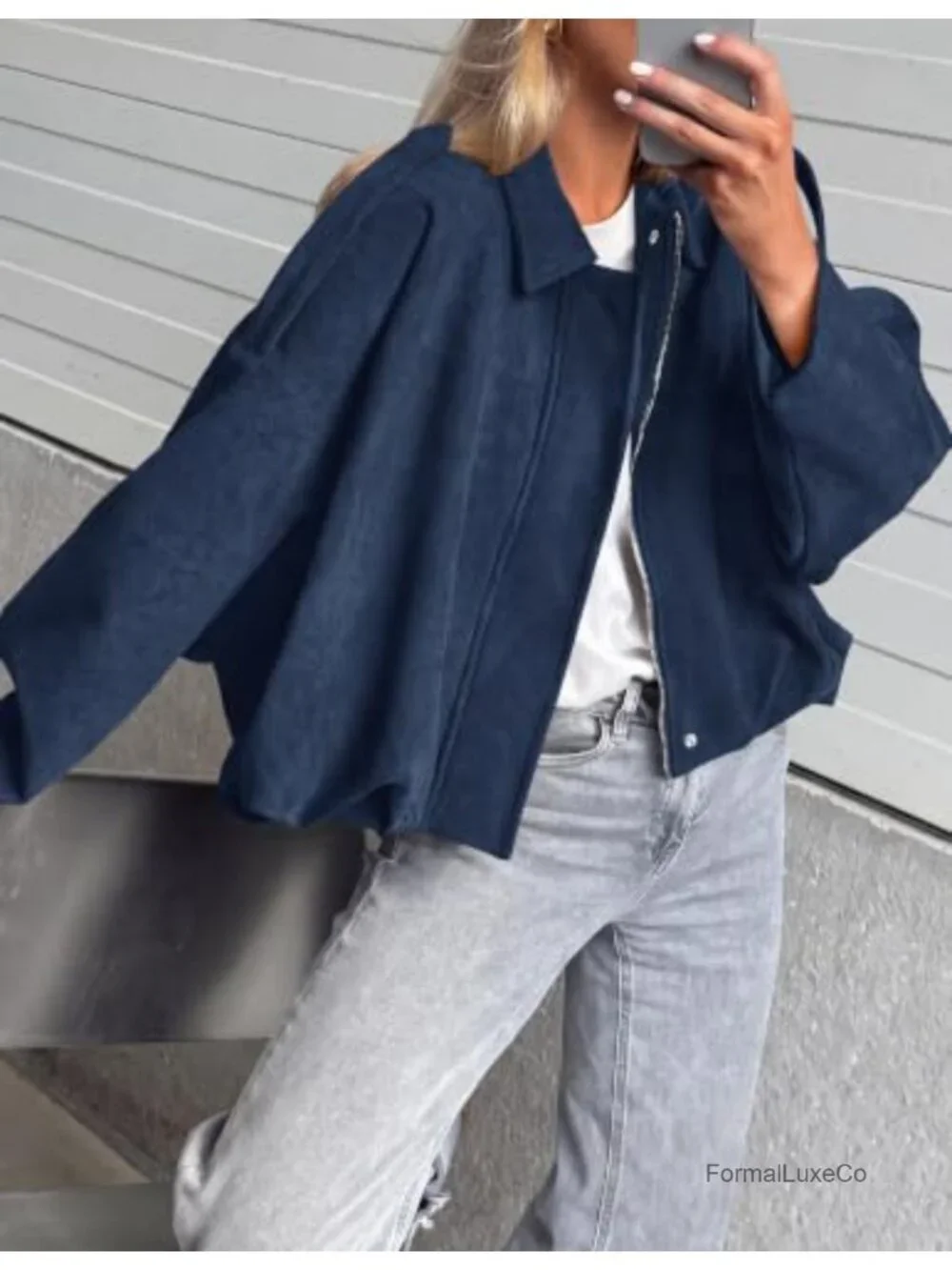 Faux Suede Cropped Bomber Jacket Oversized Batwing Zip